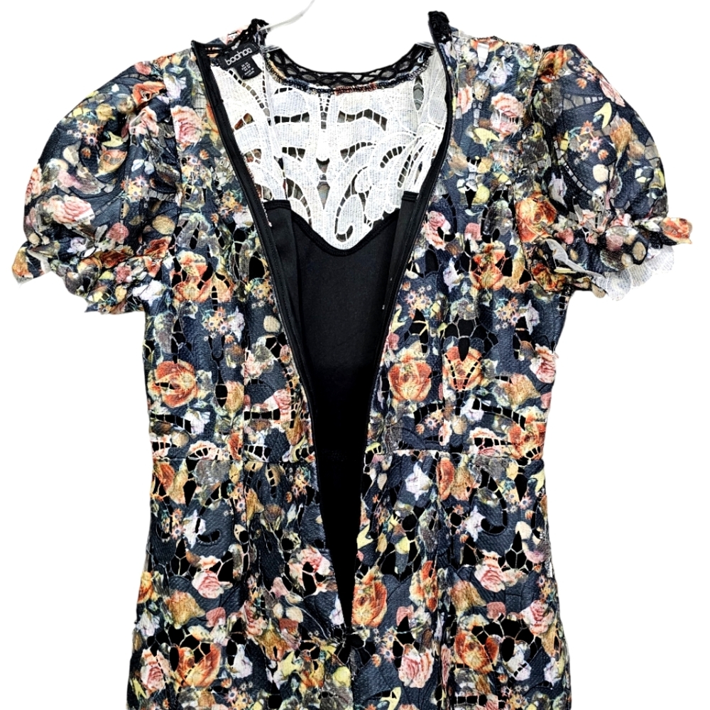 Nwot Boohoo Crochet Cutout Floral Lace Puff Sleeve Dress - Picture 11 of 17